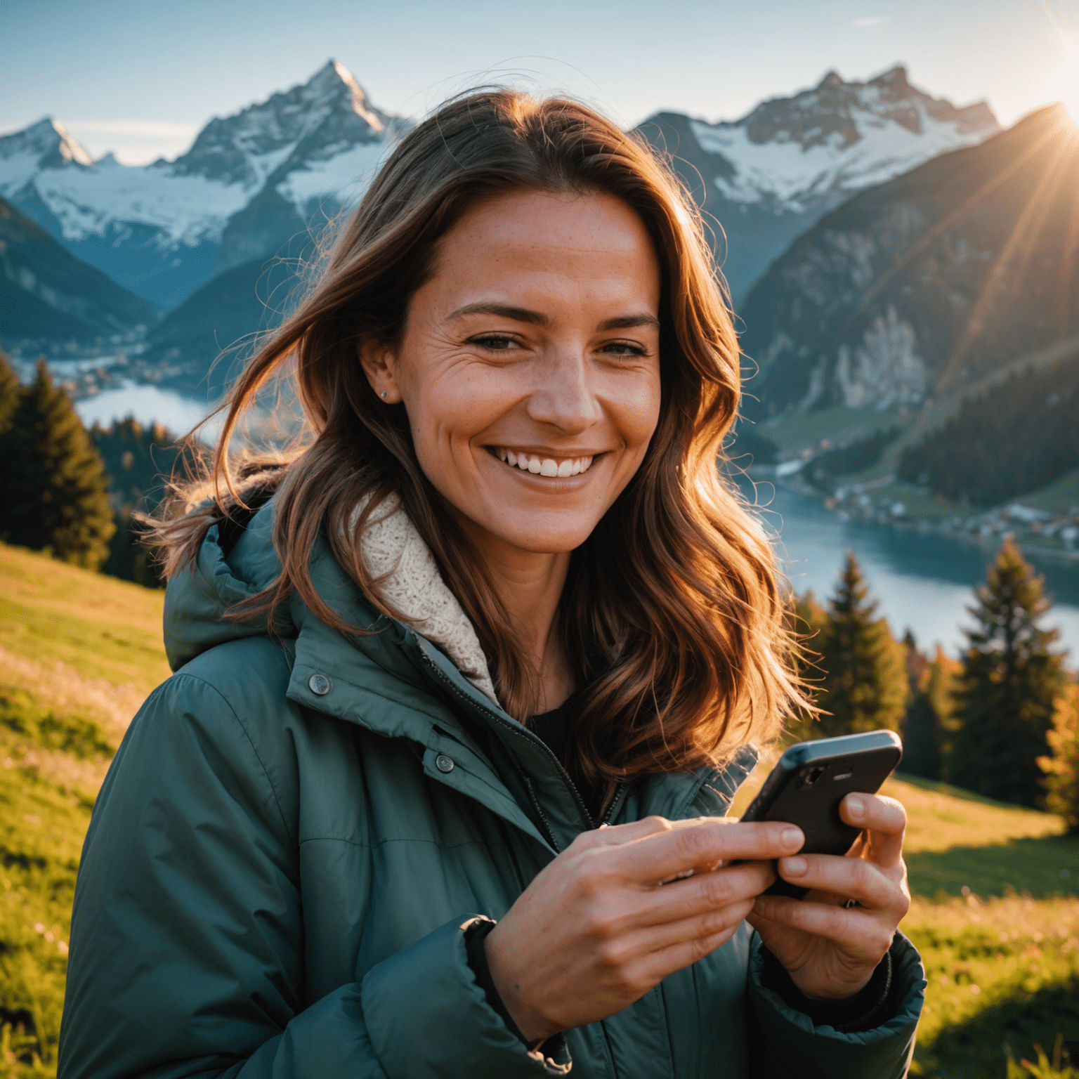 Smiling woman using a Sunrise smartphone outdoors in Switzerland with mountains in the background