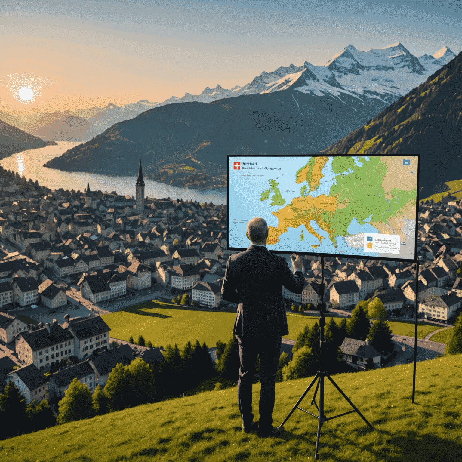 Sunrise announcing the launch of their new 5G network across Switzerland, with a map showing the coverage areas and a spokesperson at a press conference