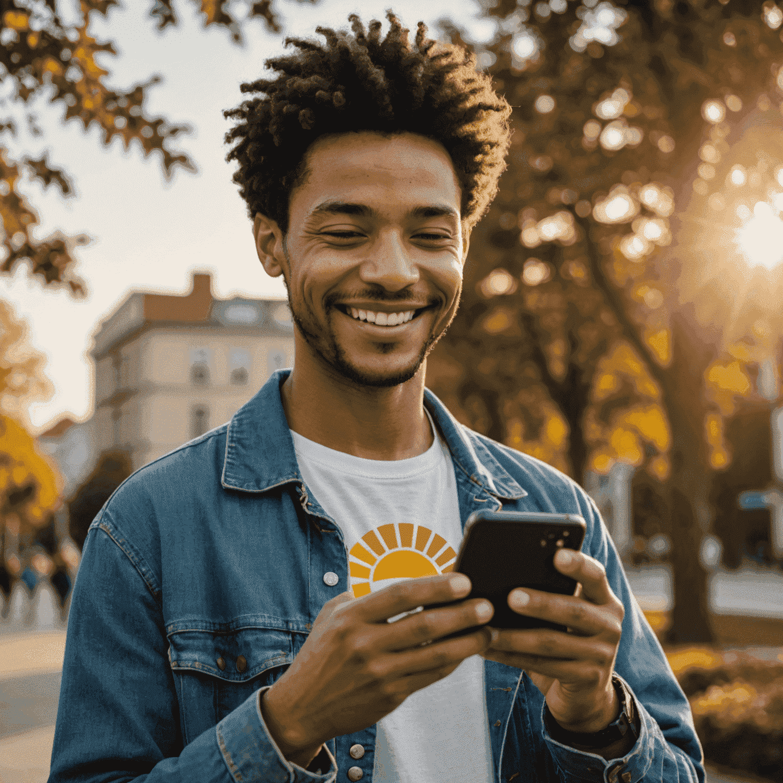 A person holding a smartphone with the Sunrise logo on the screen, smiling while using the phone outdoors on a sunny day