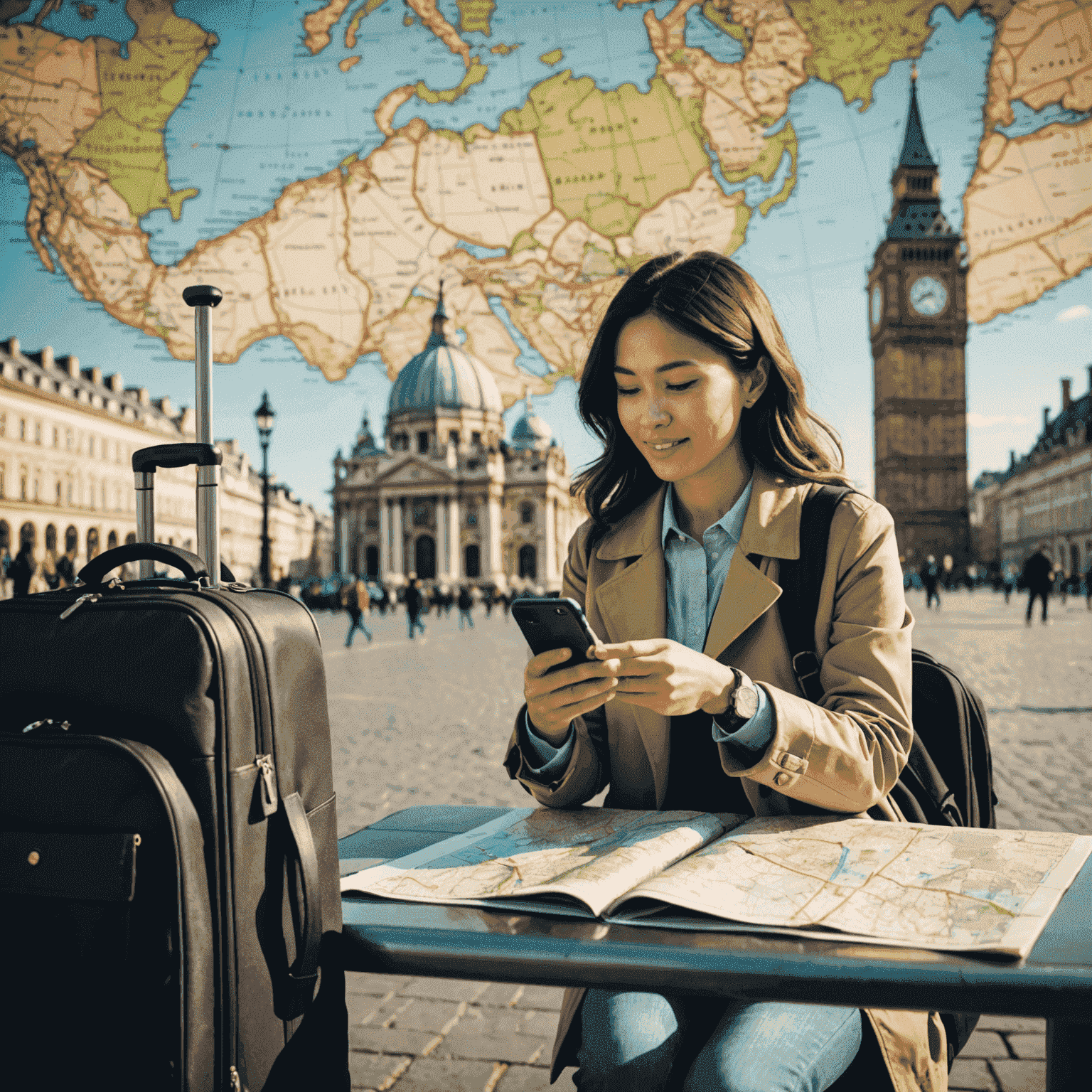 A person using their mobile phone while traveling abroad, with a map and various international landmarks in the background